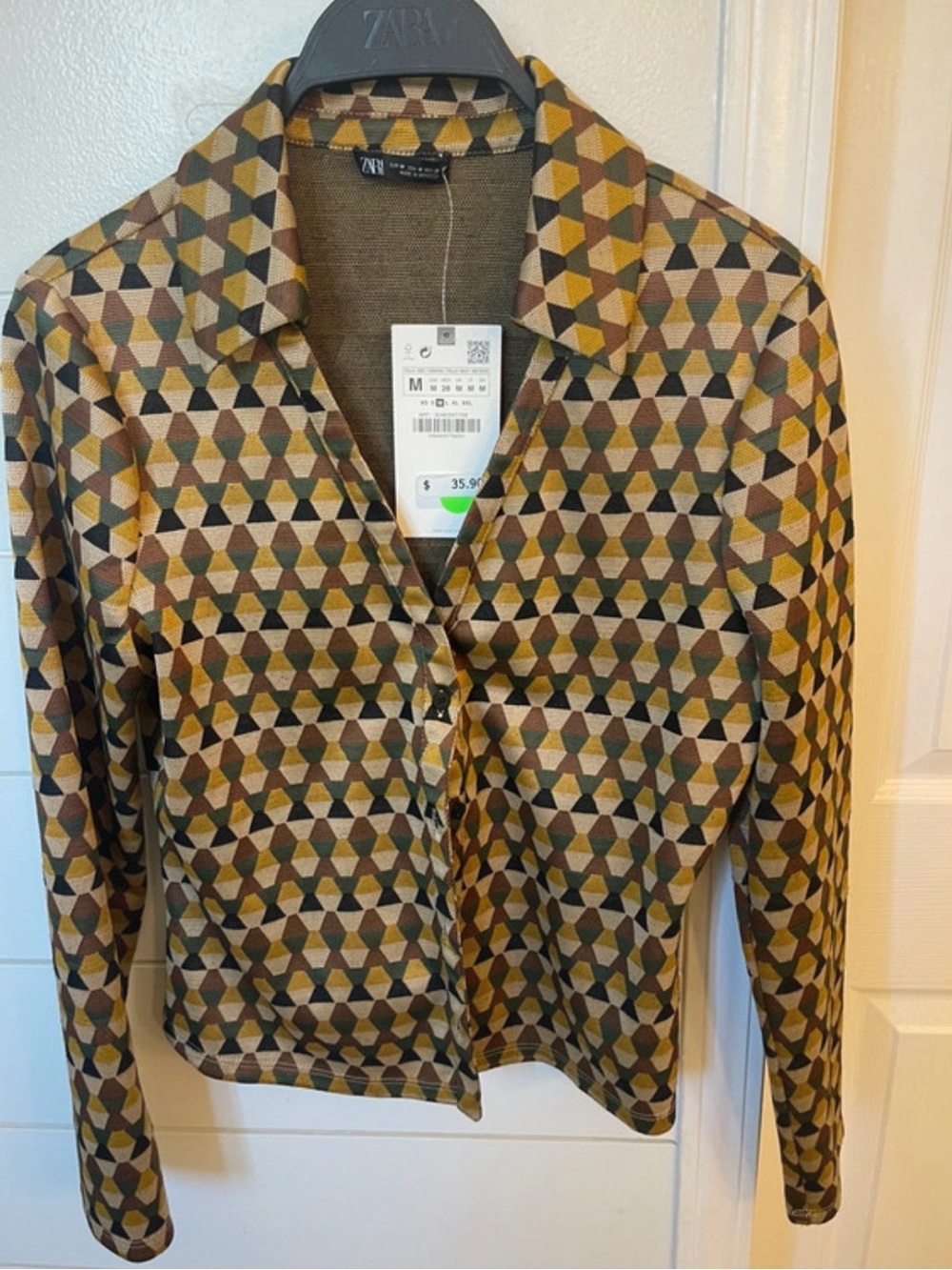 Zara Olive Multi Geometric Button-Down Shirt